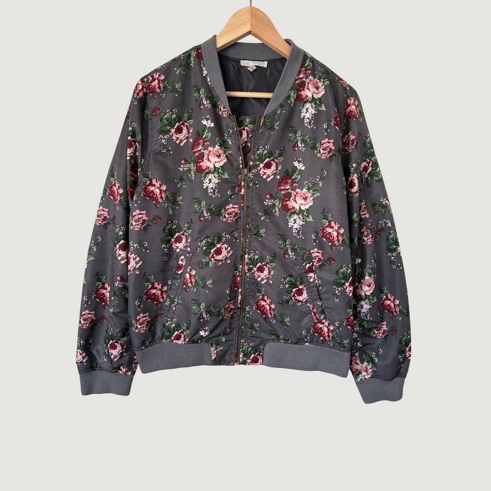 Floral Bomber Jacket Gray Pink Burgundy Full Zip Lightweight Coat Womens L